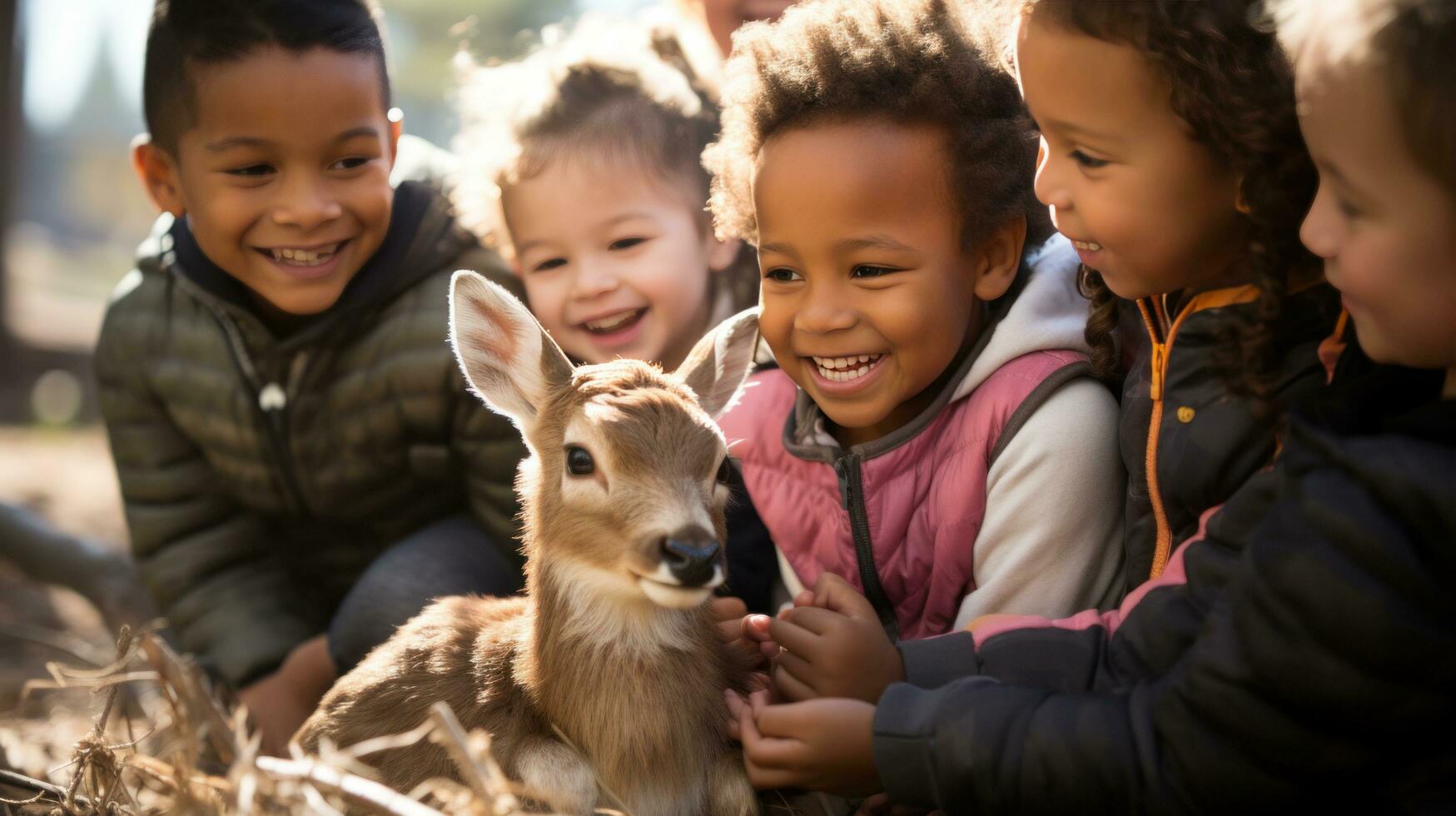 AI generated group of children gathered around a baby deer, smiling and gently petting its soft fur photo