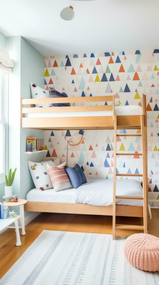 AI generated A playful children's room with a colorful wallpaper accent wall, a wooden bunk bed with a ladder photo