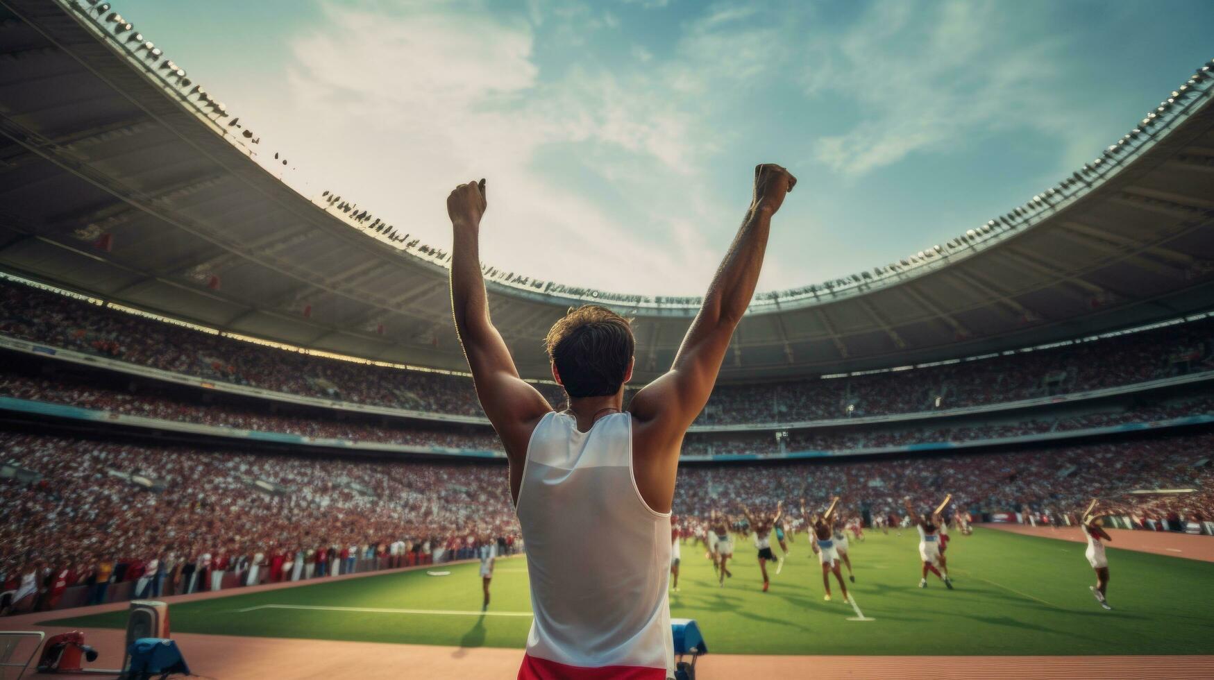 AI generated A runner crossing the finish line at a race, with a crowd cheering in the background photo