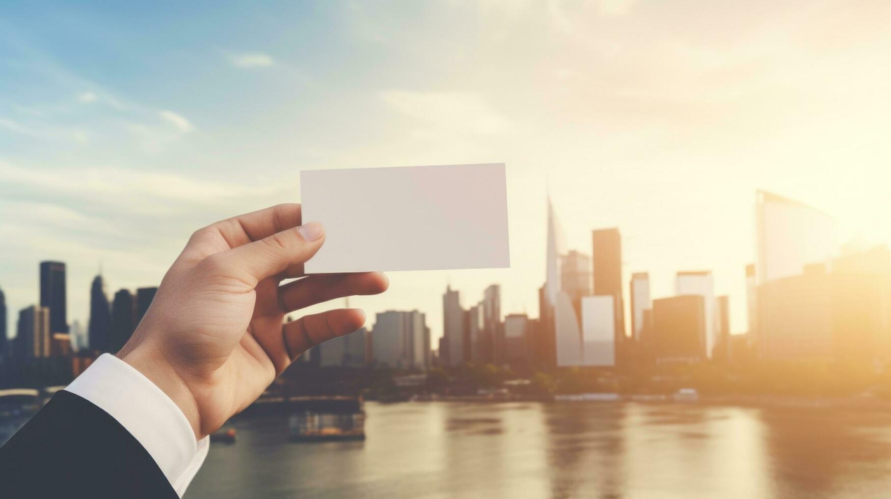 ai generado un persona participación un negocio tarjeta con un ciudad horizonte foto