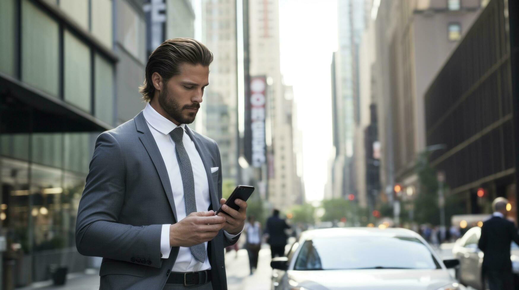 AI generated A man in a suit walking down a busy city street, looking at his phone with skyscrapers in background photo