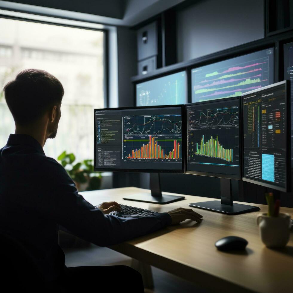 AI generated person sitting at a desk, looking at a computer screen with multiple charts and data visualizations photo