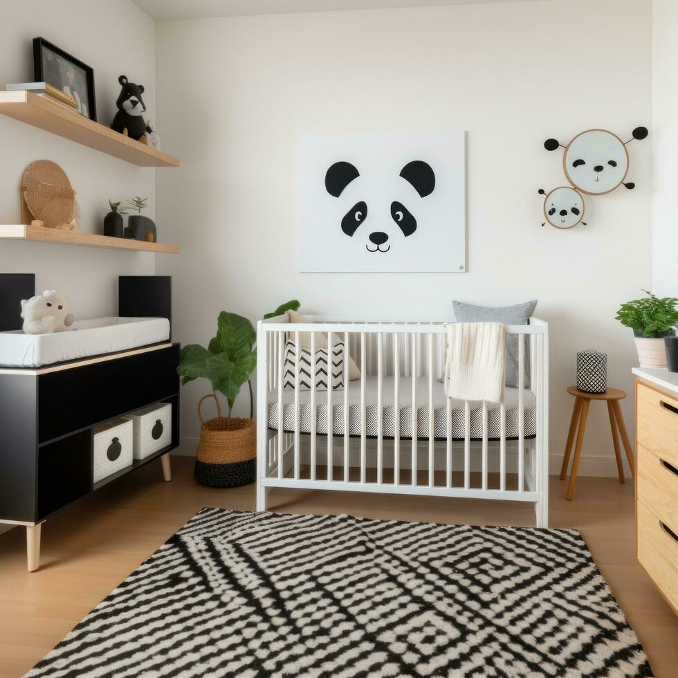 ai generado un moderno para niños habitación con un negro y blanco color esquema, un de madera cuna con un blanco cuna sábana foto