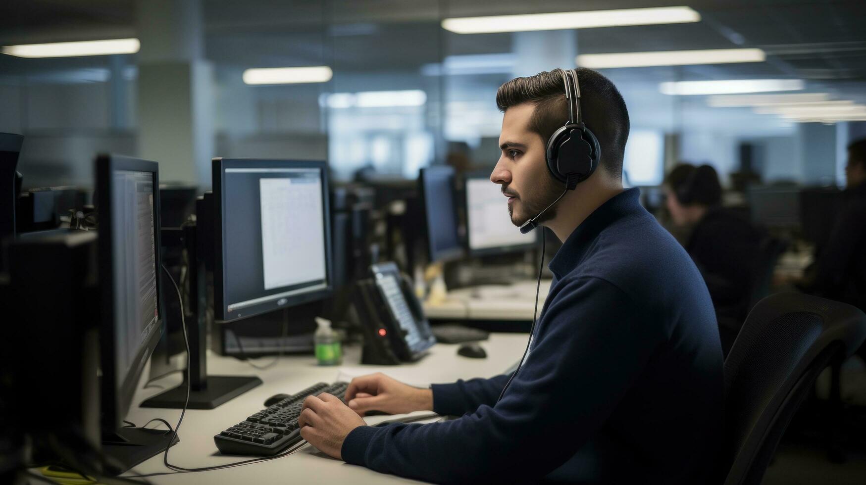 ai generado un persona vistiendo un auriculares y hablando en el teléfono, rodeado por ordenadores en un llamada centrar foto