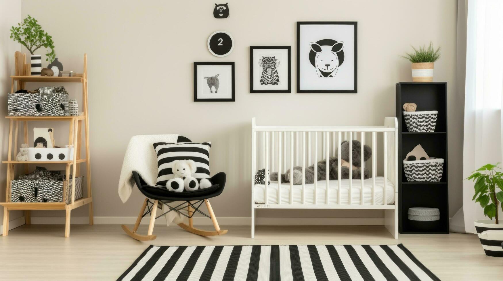 AI generated A modern children's room with a black and white color scheme, a wooden crib with a  white crib sheet photo