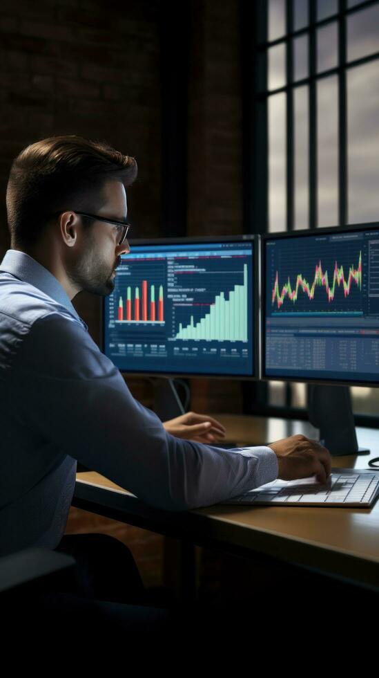 AI generated person sitting at a desk, looking at a computer screen with multiple charts and data visualizations photo