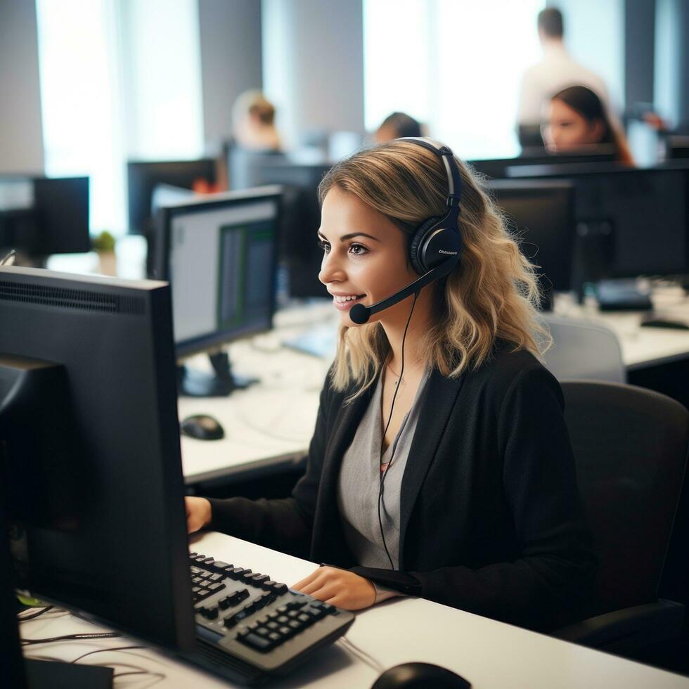 AI generated A person wearing a headset and talking on the phone, surrounded by computers in a call center photo