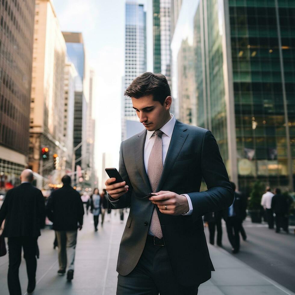 AI generated A man in a suit walking down a busy city street, looking at his phone with skyscrapers in background photo