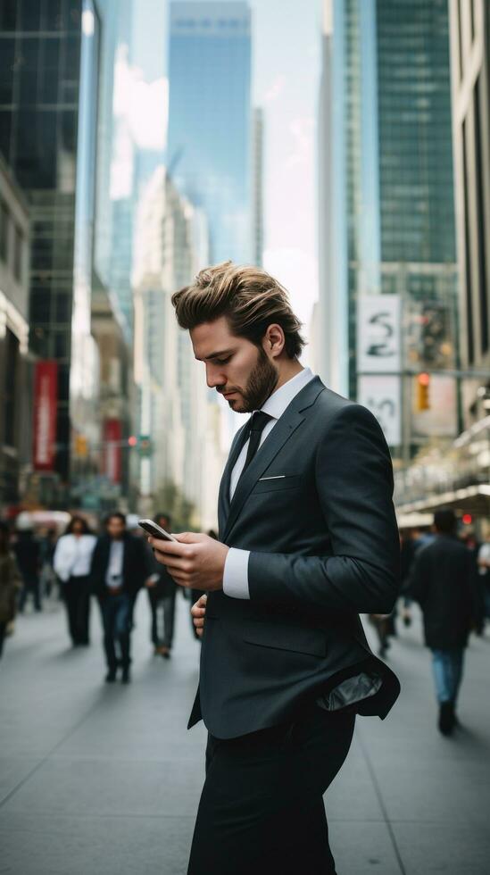 AI generated A man in a suit walking down a busy city street, looking at his phone with skyscrapers in background photo