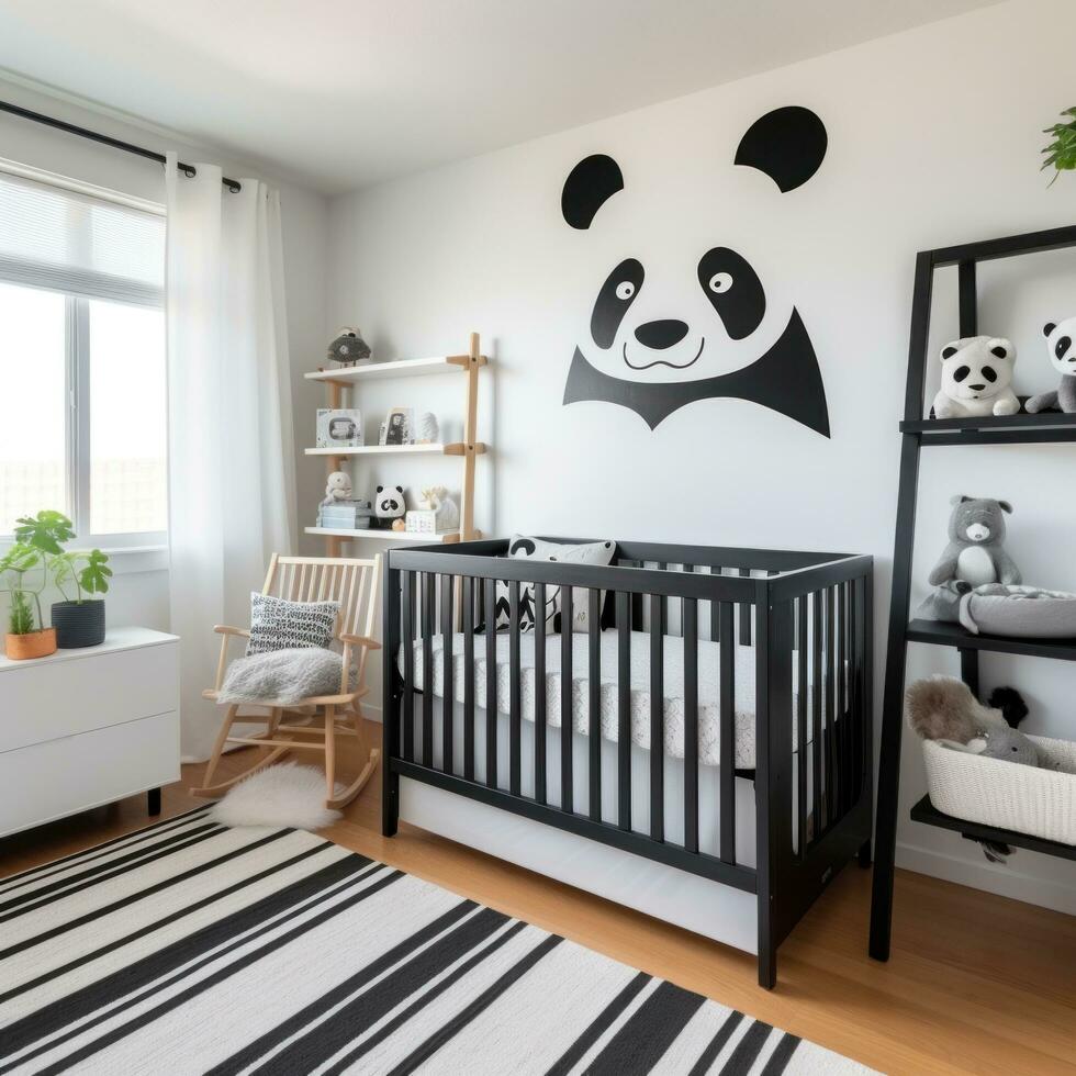 ai generado un moderno para niños habitación con un negro y blanco color esquema, un de madera cuna con un blanco cuna sábana foto