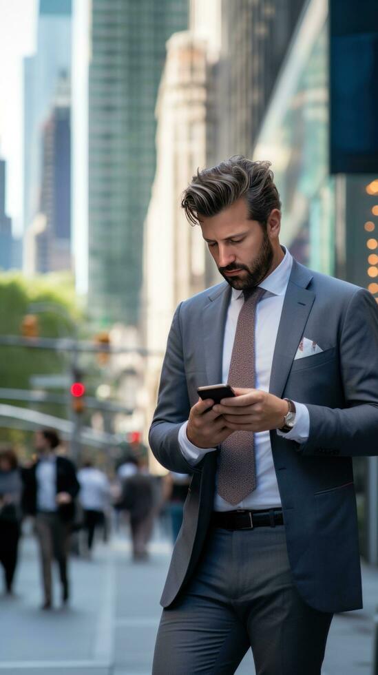 AI generated A man in a suit walking down a busy city street, looking at his phone with skyscrapers in background photo