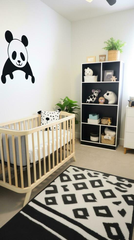 AI generated A modern children's room with a black and white color scheme, a wooden crib with a  white crib sheet photo