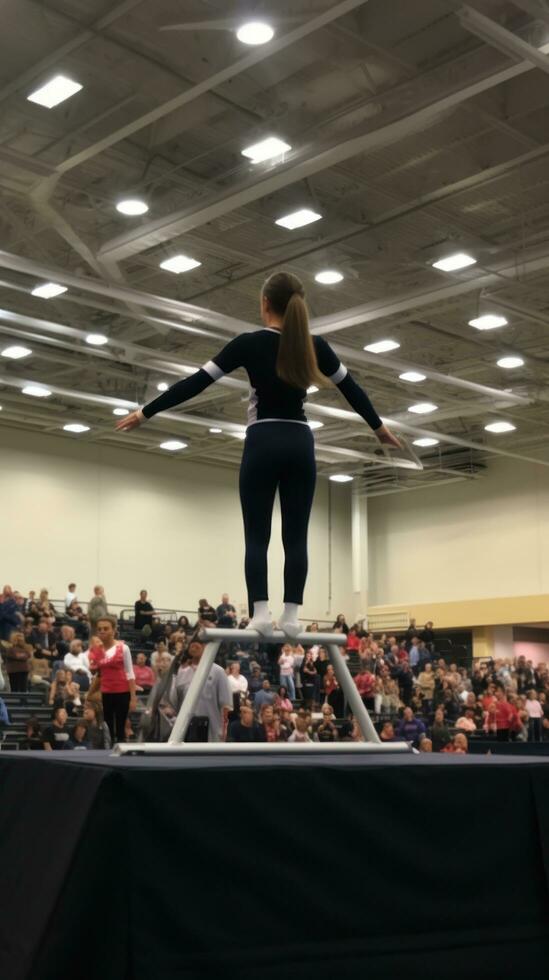 AI generated A gymnast performing a routine on the balance beam, with the judges photo