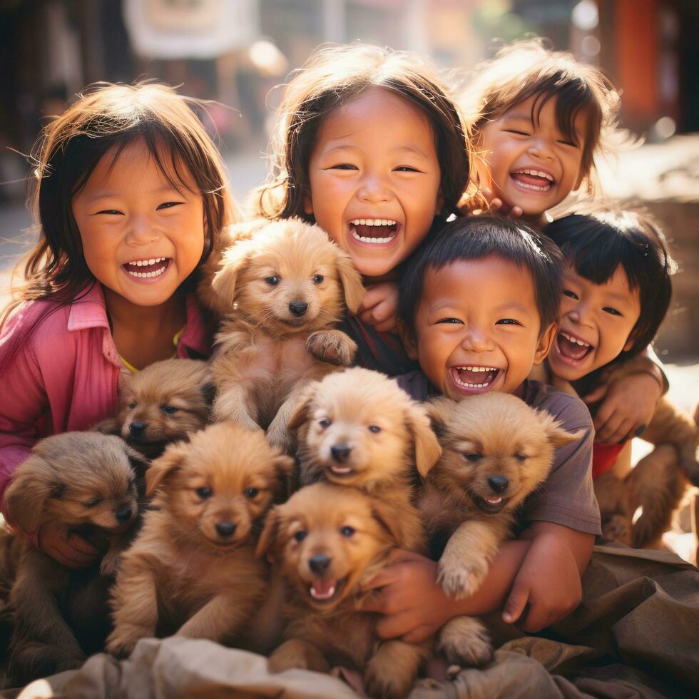 AI generated group of children playing with a litter of adorable puppies, all of them grinning from ear to ear photo