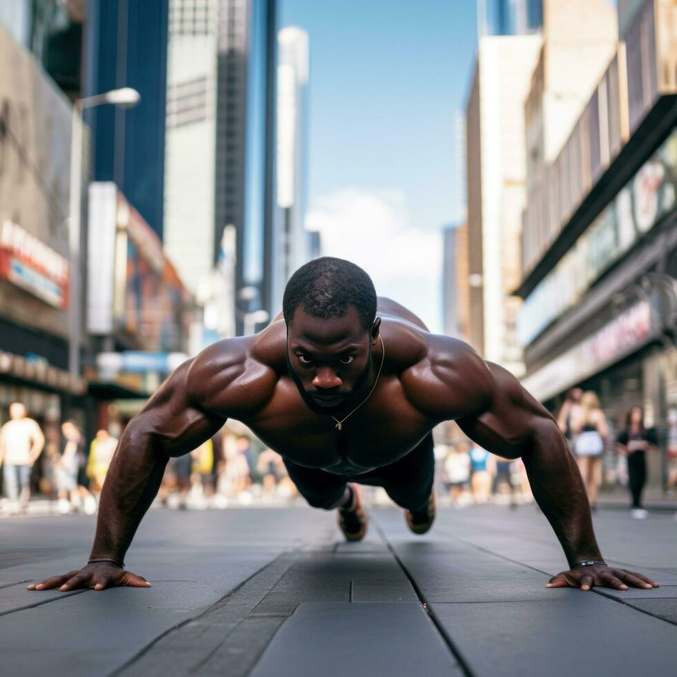 AI generated A man doing push-ups on a city street, with a busy urban setting behind him photo