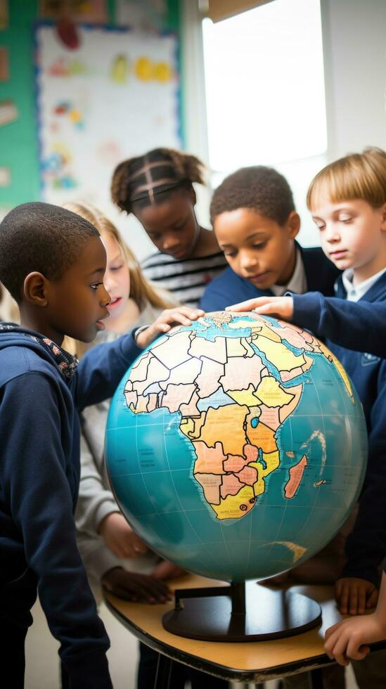 ai generado un grupo de estudiantes en pie alrededor un globo, comprometido en un geografía lección foto