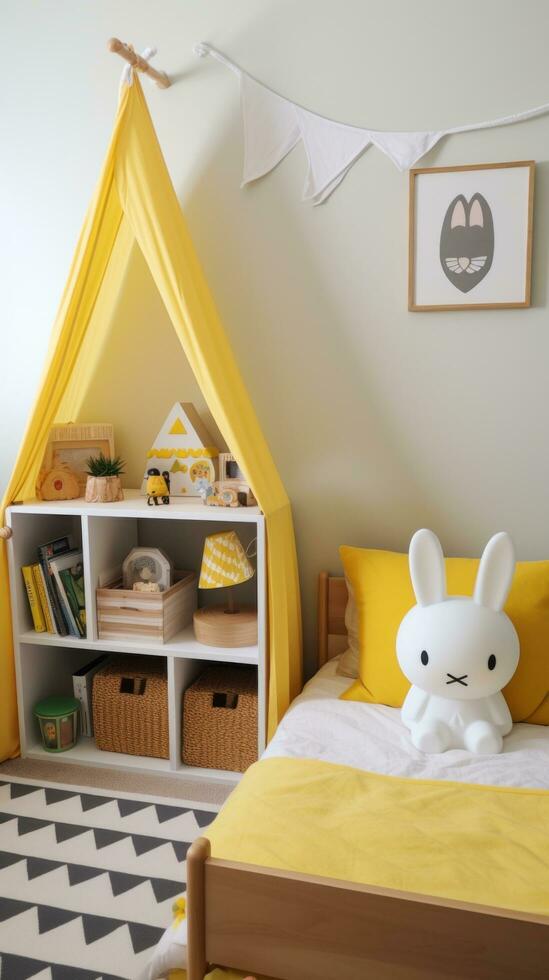 AI generated A gender-neutral children's room with a white and yellow color scheme photo