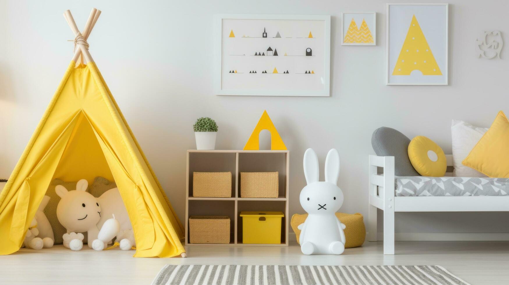 AI generated A gender-neutral children's room with a white and yellow color scheme photo