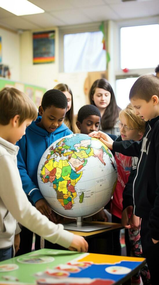 ai generado un grupo de estudiantes en pie alrededor un globo, comprometido en un geografía lección foto