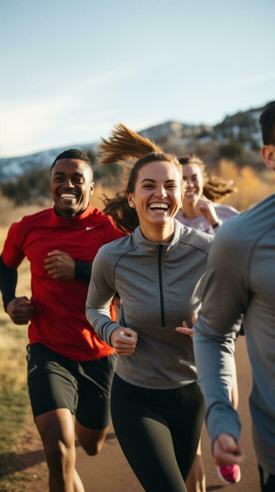 AI generated A group of friends running together outdoors, with smiles on their faces and a scenic background photo