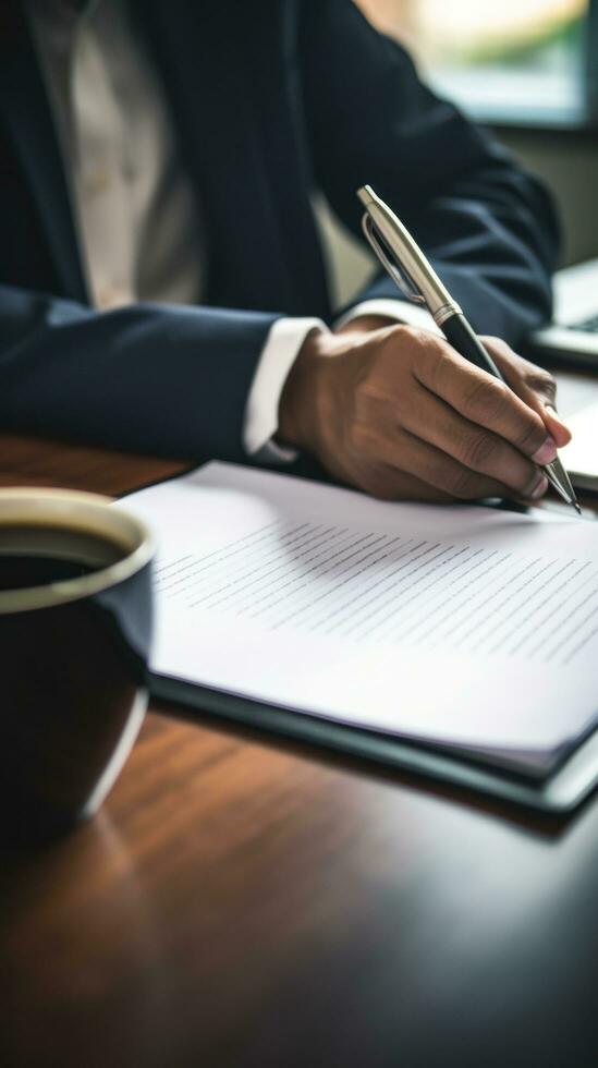 AI generated person hand holding a pen, signing a contract on desk with a laptop and coffee cup in the background photo