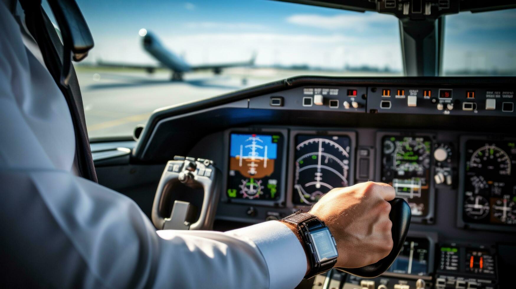 AI generated pilot's hand on the controls of an airplane, with the cockpit instruments visible in the background photo