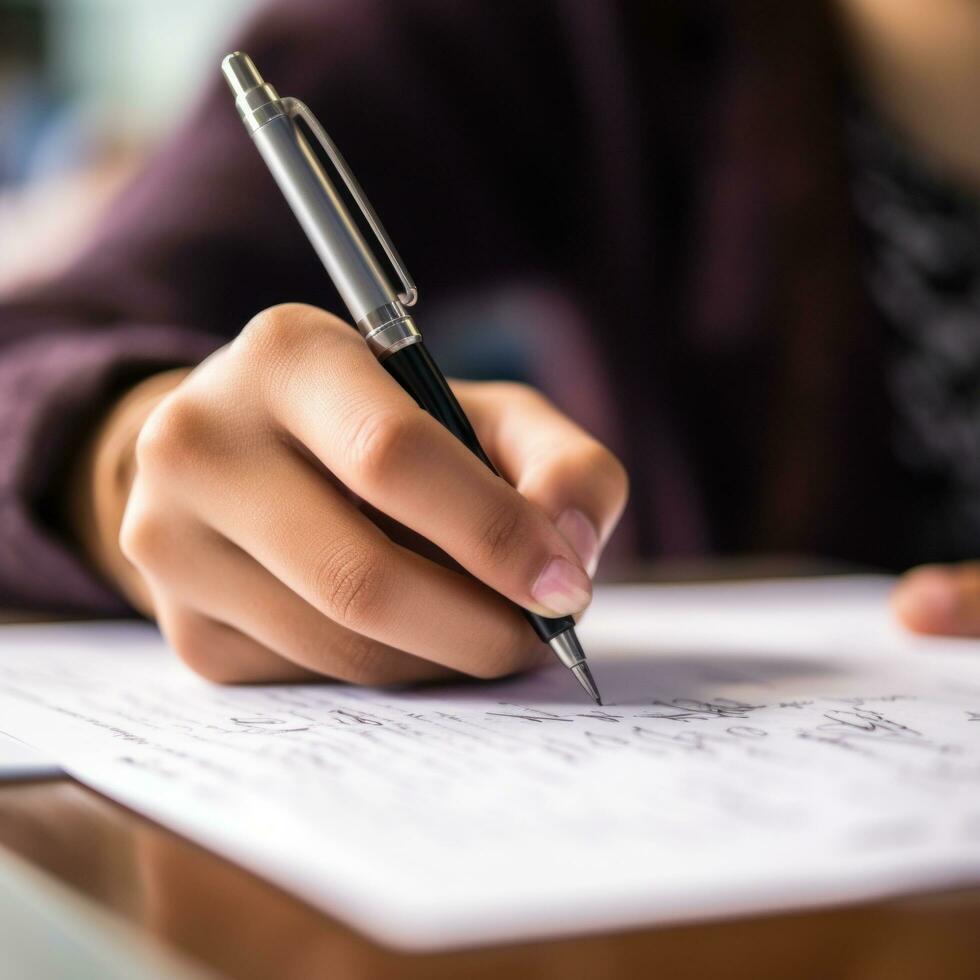AI generated student's hand writing notes on a piece of paper with a pen. photo