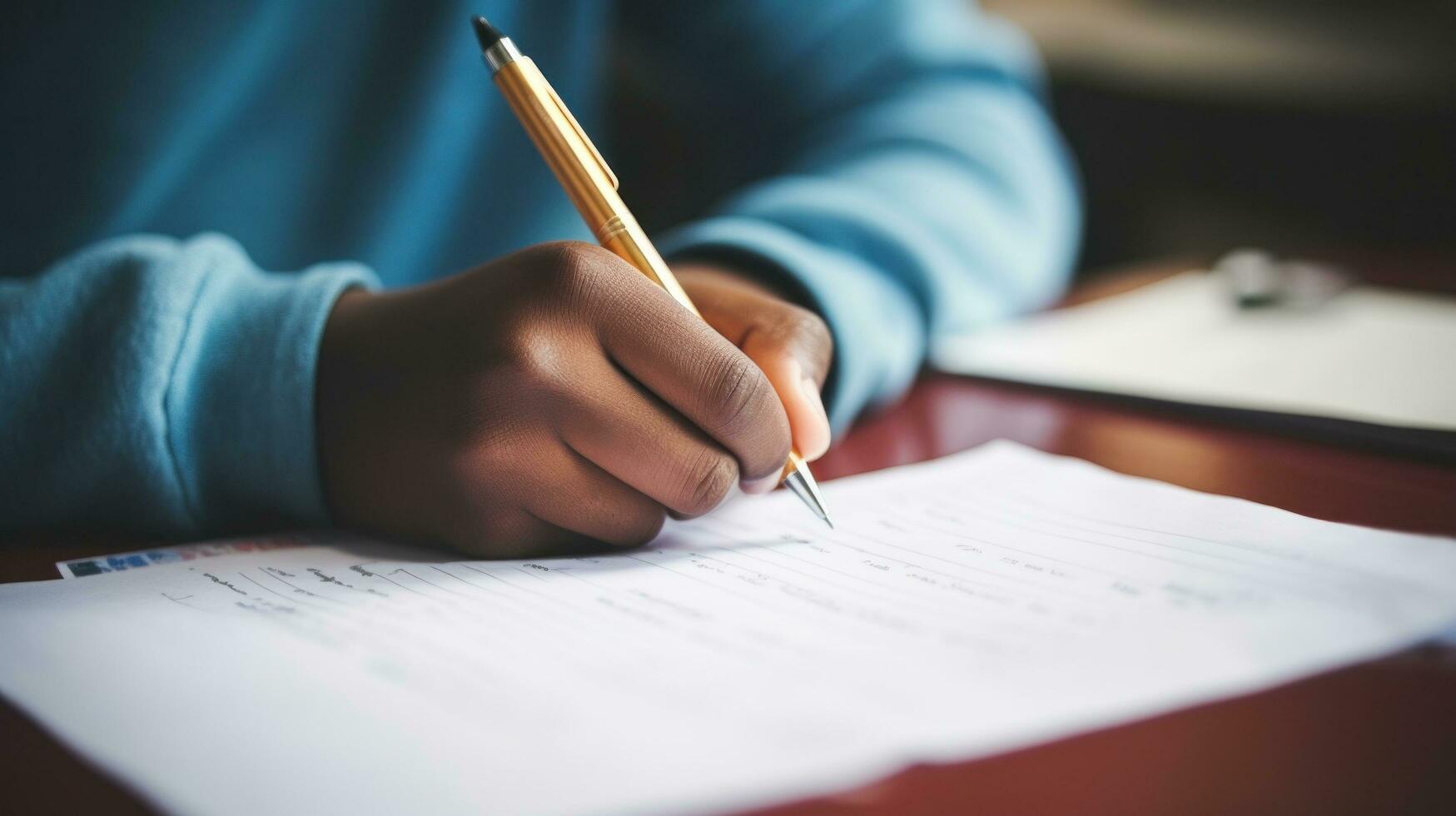 AI generated student's hand writing notes on a piece of paper with a pen. photo