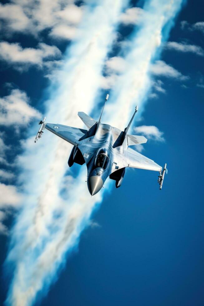 AI generated fighter jet flying at high speed against a blue sky backdrop photo