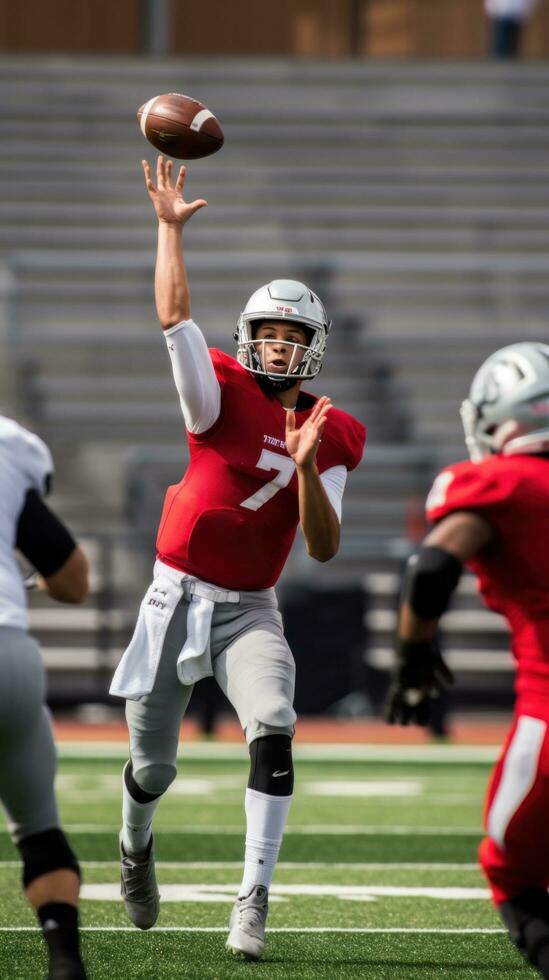 AI generated A football quarterback throwing a pass, with the ball in mid-air and the receivers photo