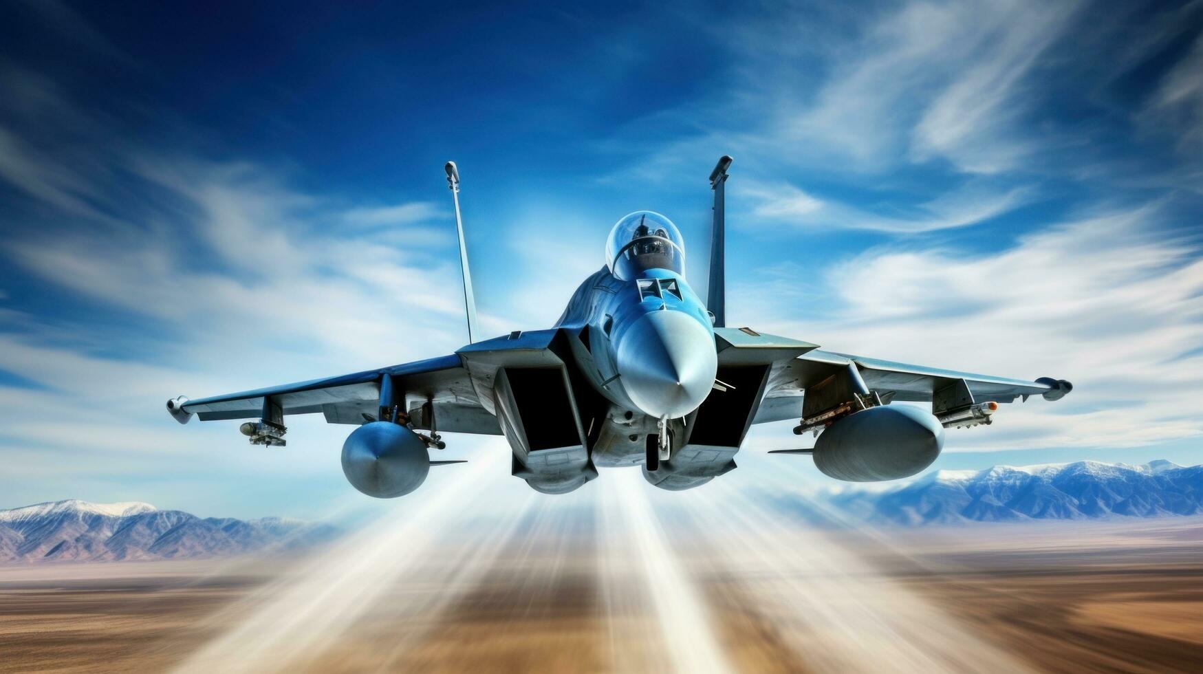 AI generated fighter jet flying at high speed against a blue sky backdrop photo