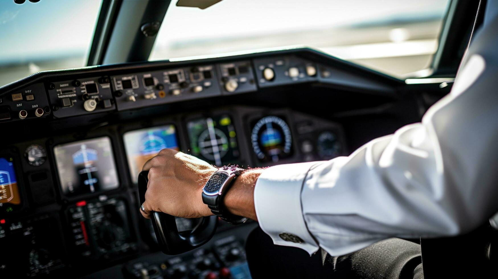 AI generated pilot's hand on the controls of an airplane, with the cockpit instruments visible in the background photo