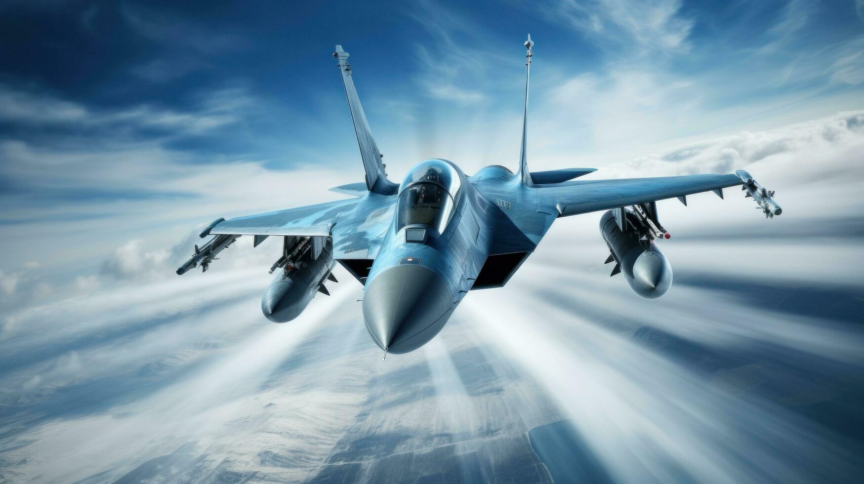 AI generated fighter jet flying at high speed against a blue sky backdrop photo