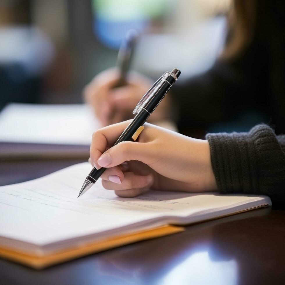 AI generated student's hand writing notes on a piece of paper with a pen. photo