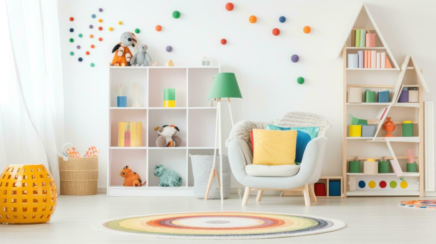 ai generado para niños habitación con un vistoso alfombra, estante para libros con vistoso almacenamiento papeleras, un silla y un piso lámpara. foto