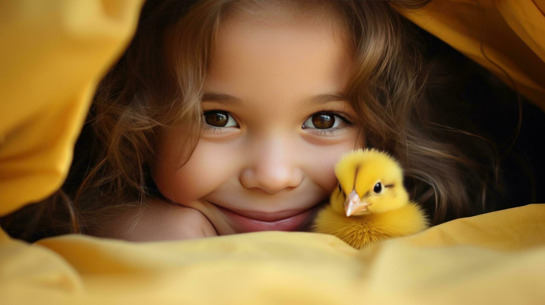 AI generated young girl playing peek-a-boo with a tiny chick, both of them beaming with joy photo