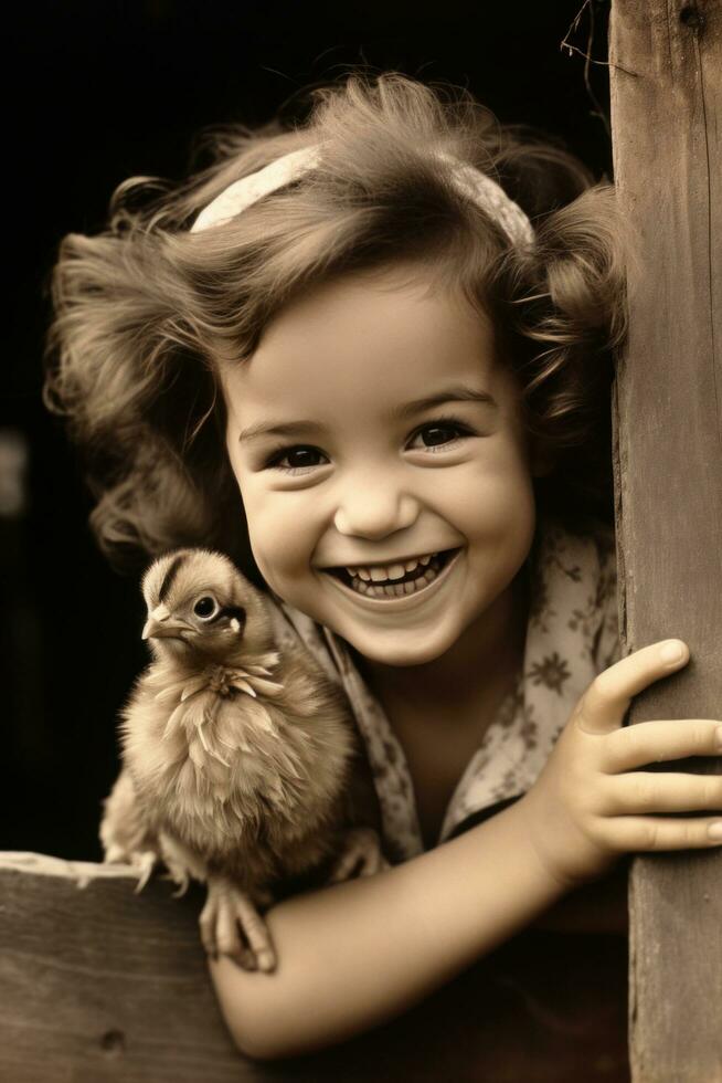 AI generated young girl playing peek-a-boo with a tiny chick, both of them beaming with joy photo