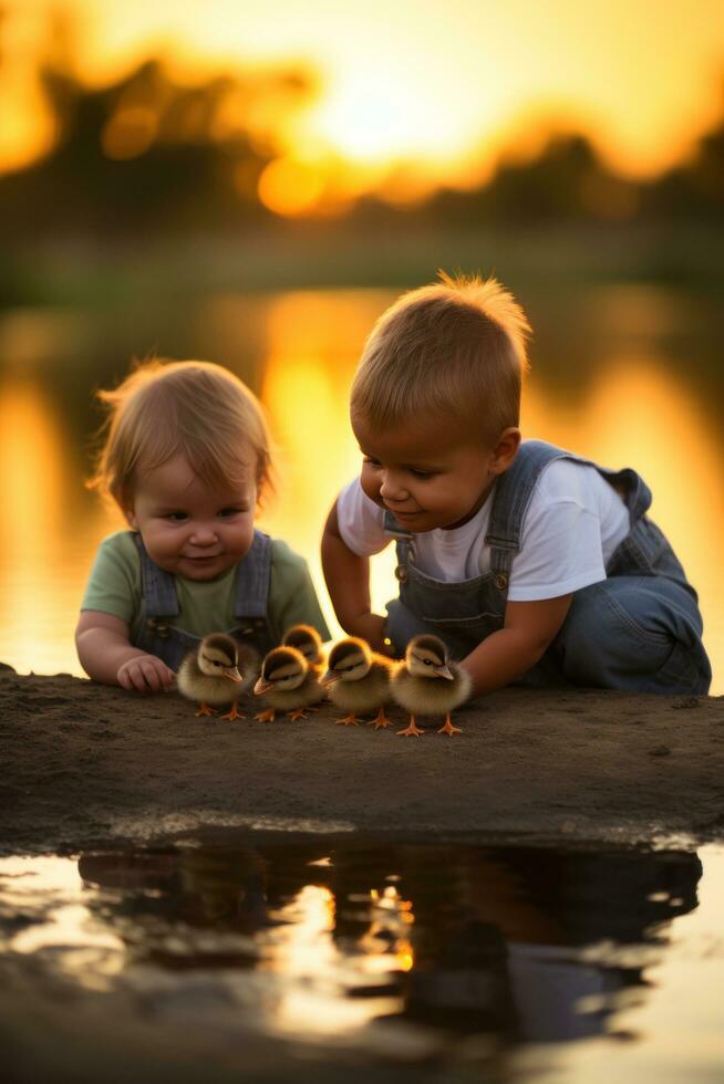 ai generado grupo de niños acecho en temor como un bebé anadón se contonea alrededor, explorador sus alrededores. foto