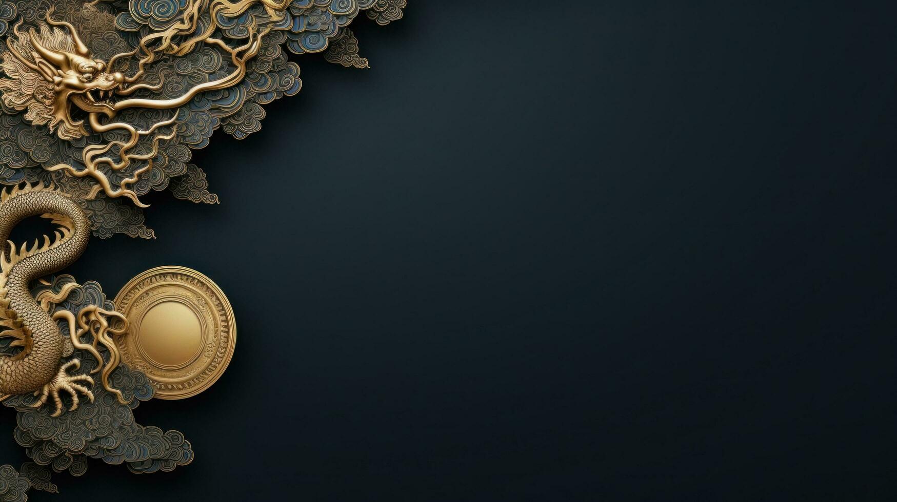 AI generated minimalist chinese background with gold dragon and national ornament large copyspace area. photo