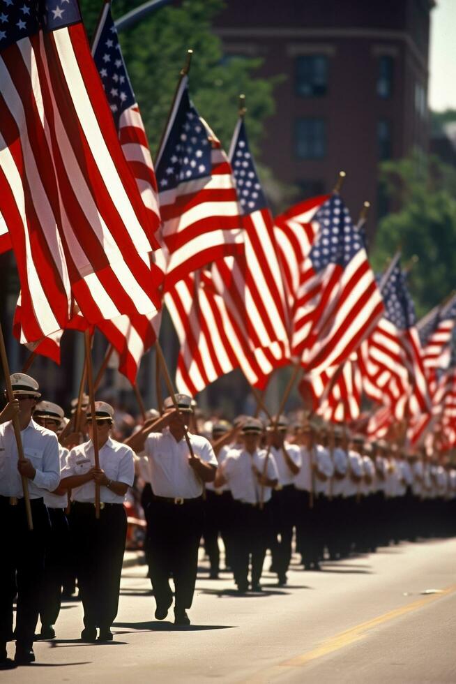 AI generated A lively shot of a parade with marching bands, floats, and spectators waving American flags photo