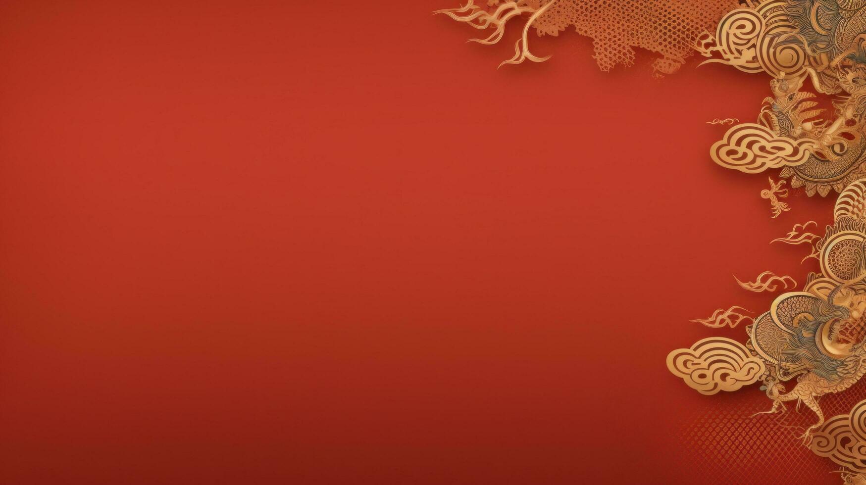 AI generated minimalist chinese background with gold dragon and national ornament large copyspace area. photo