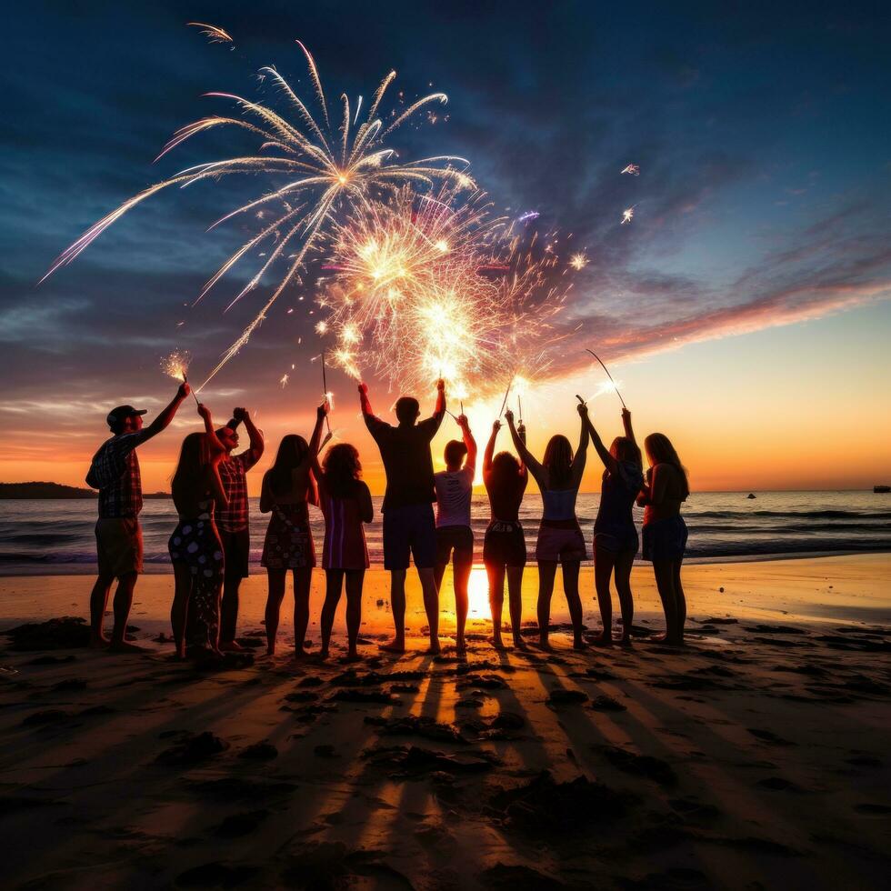 AI generated A festive image of people gathered on a beach with sparklers photo