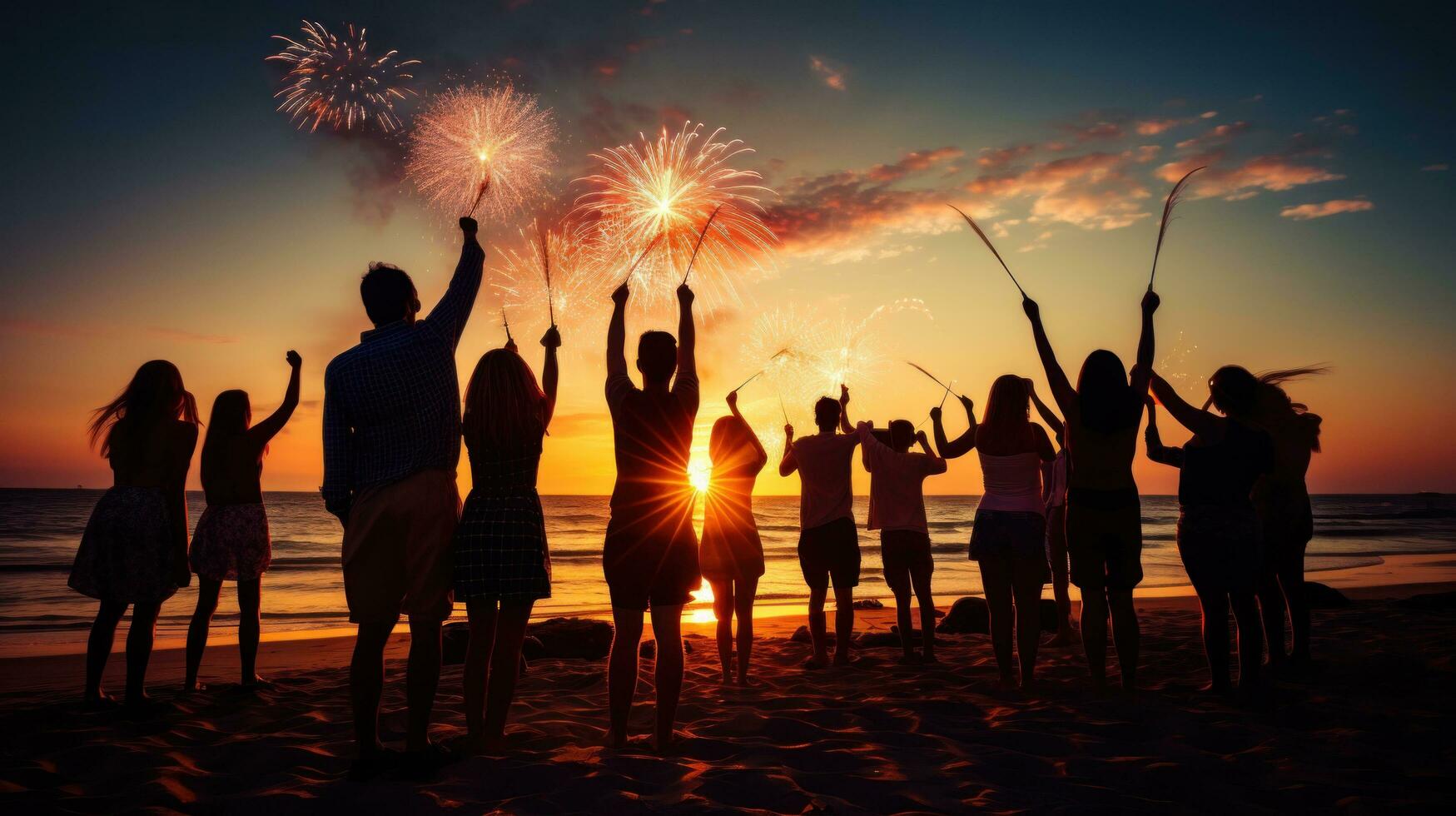 ai generado un festivo imagen de personas reunido en un playa con bengalas foto