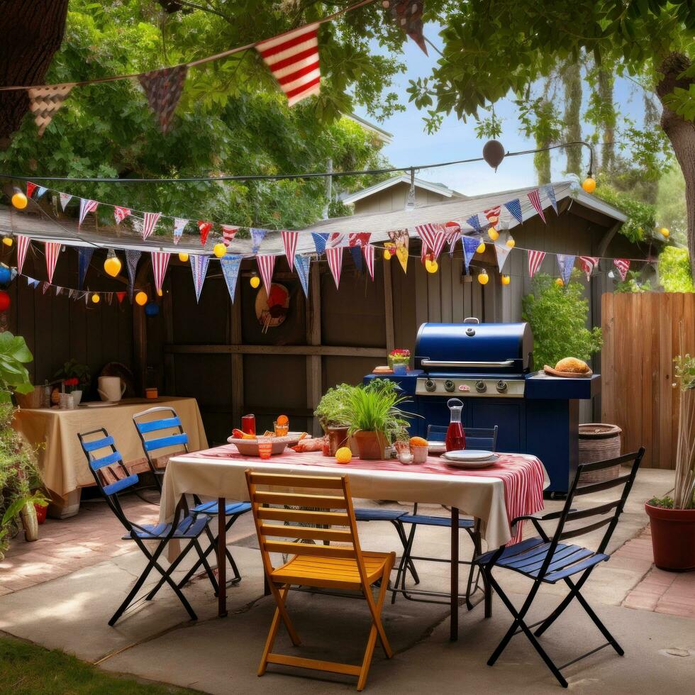 AI generated A fun and casual photo of a family BBQ with American flags and bunting decorating the backyard