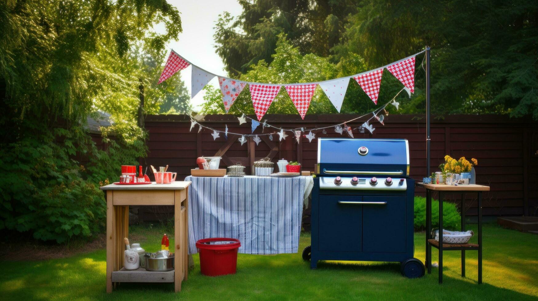 ai generado un divertido y casual foto de un familia barbacoa con americano banderas y verderón decorando el patio interior