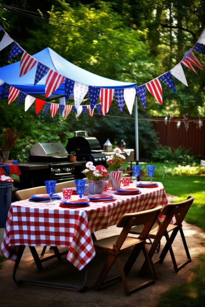 AI generated A fun and casual photo of a family BBQ with American flags and bunting decorating the backyard