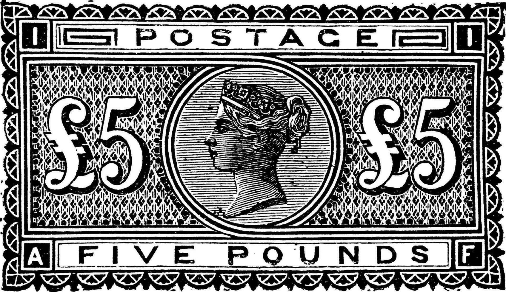 Great Britain and Ireland Five Pound Stamp in 1882, vintage illustration. vector