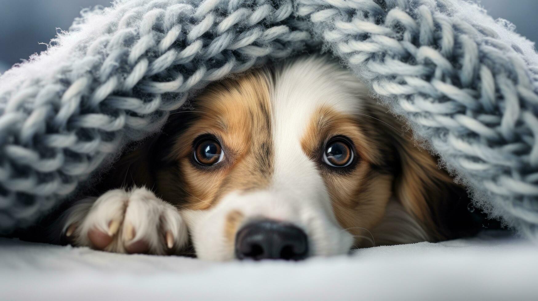 AI generated pet dog peeks out from under a cozy knit blanket, with a snowy landscape visible in the background photo