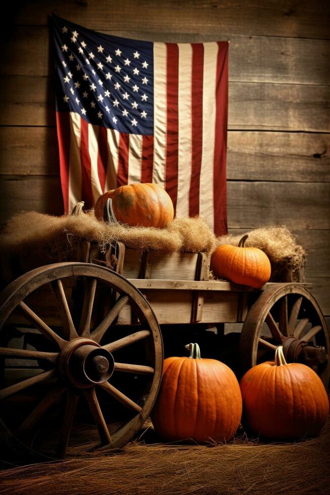 AI generated A rustic image of a wagon filled with pumpkins and hay bales with an American flag draped over them photo