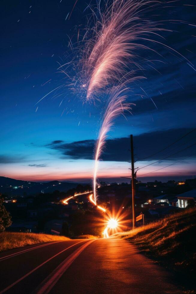 AI generated An artistic photo of fireworks with a long exposure, creating a beautiful trail of lights in the sky.